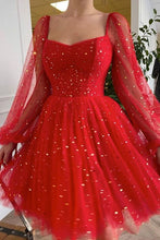 Load image into Gallery viewer, Long Sleeves Homecoming Dress 2022 Red Sparkly Tulle Short #hoco22
