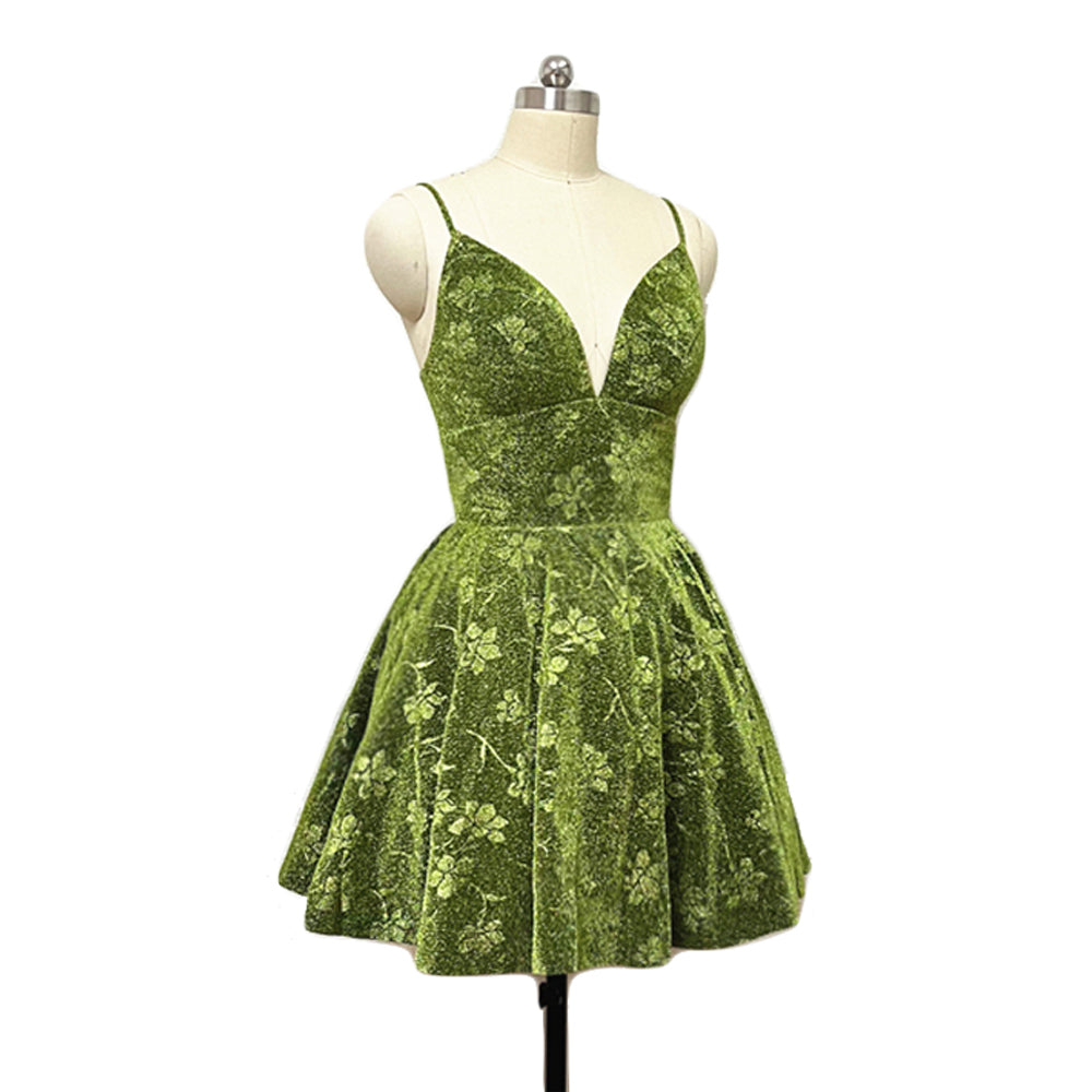 Green Floral Homecoming Dress 2022 Corset Back Short Spaghetti Straps DCdress Green Floral Homecoming Dress 2022 Corset Back Short Spaghetti Straps DCdress