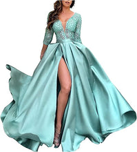 Load image into Gallery viewer, Prom Dresses 2023 for Women Ball Gown V Neck 3/4 Sleeves Slit