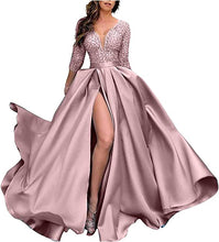 Load image into Gallery viewer, Prom Dresses 2023 for Women Ball Gown V Neck 3/4 Sleeves Slit