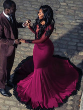 Load image into Gallery viewer, Black Girl Prom Dress 2023 Purple Illusion Neck Long Sleeves Appliques