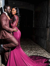 Load image into Gallery viewer, Black Girl Prom Dress 2023 Purple Illusion Neck Long Sleeves Appliques