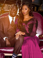 Load image into Gallery viewer, Black Girl Prom Dress 2023 Purple Illusion Neck Long Sleeves Appliques