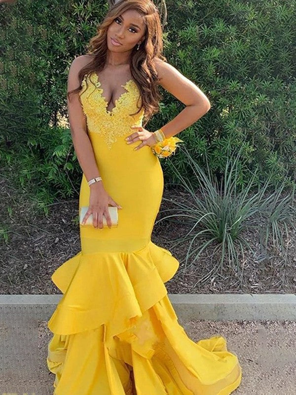 mermaid prom dresses 2023 Yellow Prom Dress 2023 Spaghetti Straps V Neck with Ruffles – DCdress