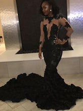 Load image into Gallery viewer, Black Girl Prom Dress 2023 Illusion Plunging Neck Long Sleeves