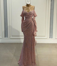 Load image into Gallery viewer, Pink Prom Dress 2023 Off the Shoulder Sequin with Ruffles