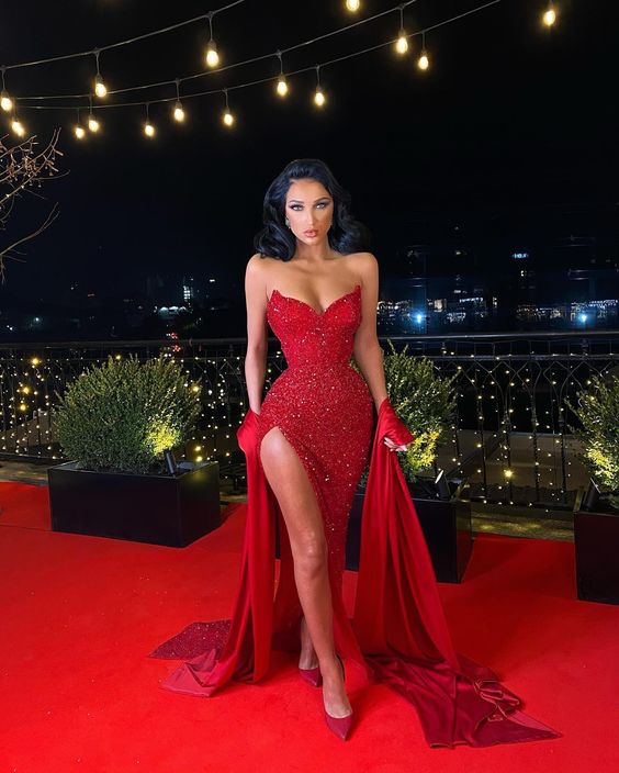 Red Prom Dress 2023 Black Girls Slay Strapless with Shawl Sequin with DCdress Red Prom Dress 2023 Black Girls Slay Strapless with Shawl Sequin with DCdress