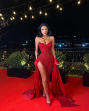 Load image into Gallery viewer, Red Prom Dress 2023 Black Girls Slay Strapless with Shawl Sequin with Slit