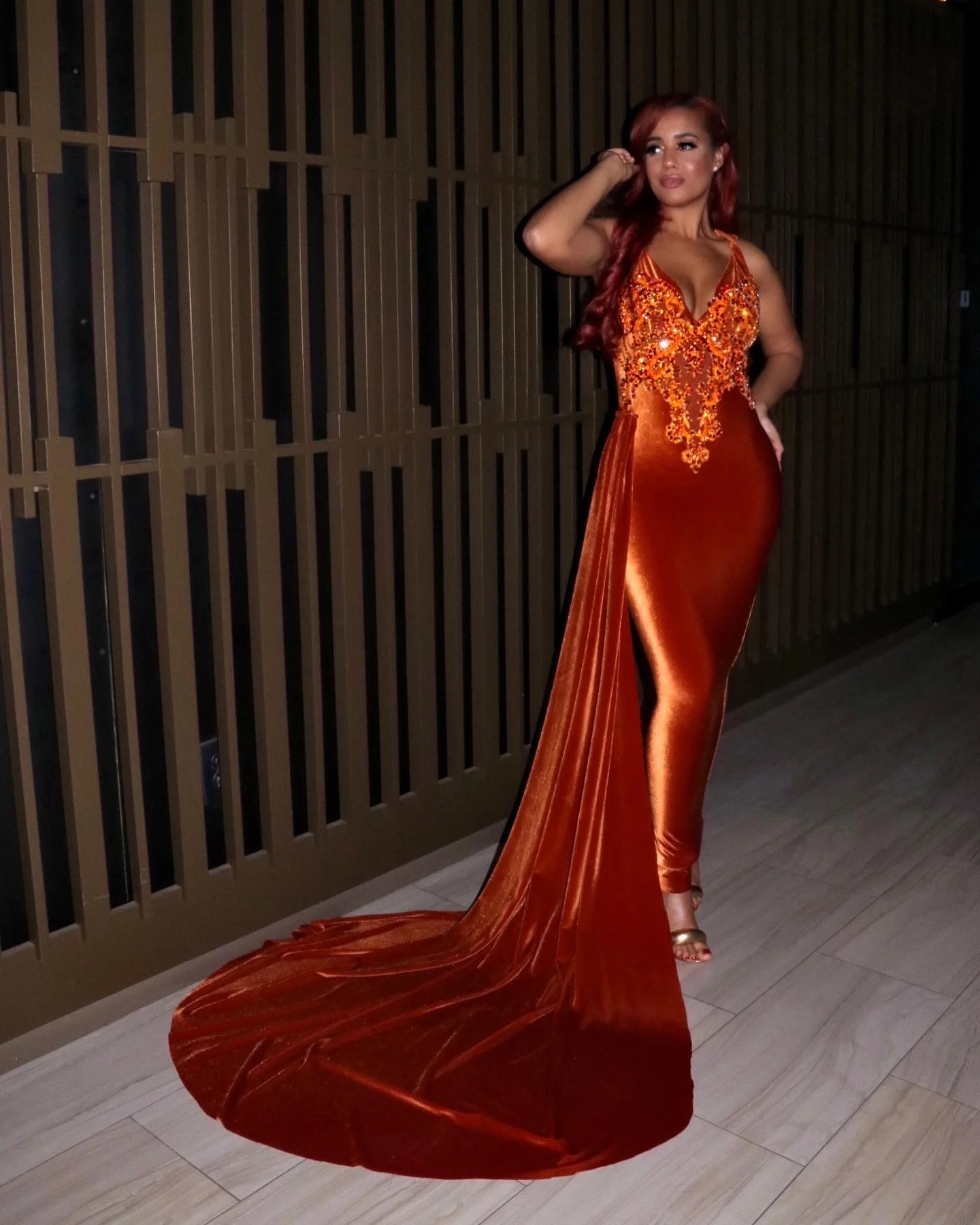 Bodycon Prom Dress 2025 Velvet Burnt Orange – DCdress