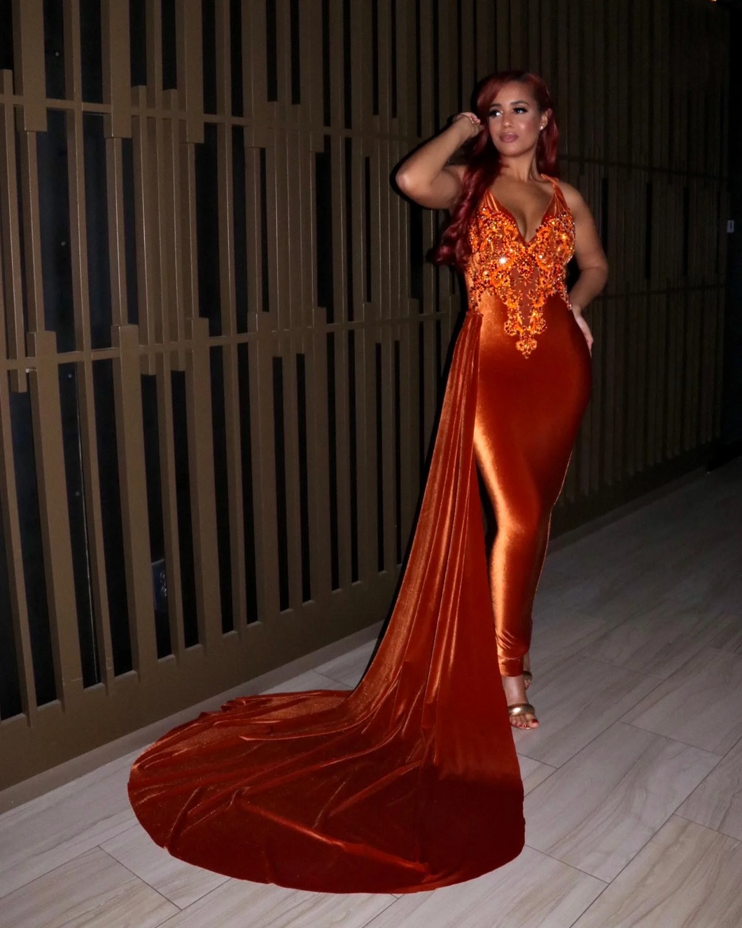 Bodycon Prom Dress 2025 Velvet Burnt Orange