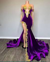 Load image into Gallery viewer, Off-the-shoulder Purple Velvet Prom Dress 2025 with Gold Lace Appliques
