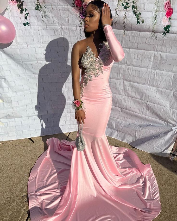 Mermaid Pink Jersey Prom Dress 2025 One-shoulder Long Sleeve