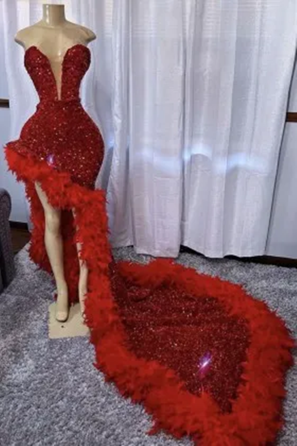 High Low Prom Dress 2025 with Feathers