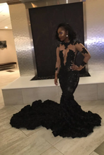 Load image into Gallery viewer, Mermaid Black Lace Appliques Prom Dress 2025 with Long Rose Train
