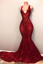 Load image into Gallery viewer, V-neck Burgundy Pattern Sequin Prom Dress 2025 Mermaid
