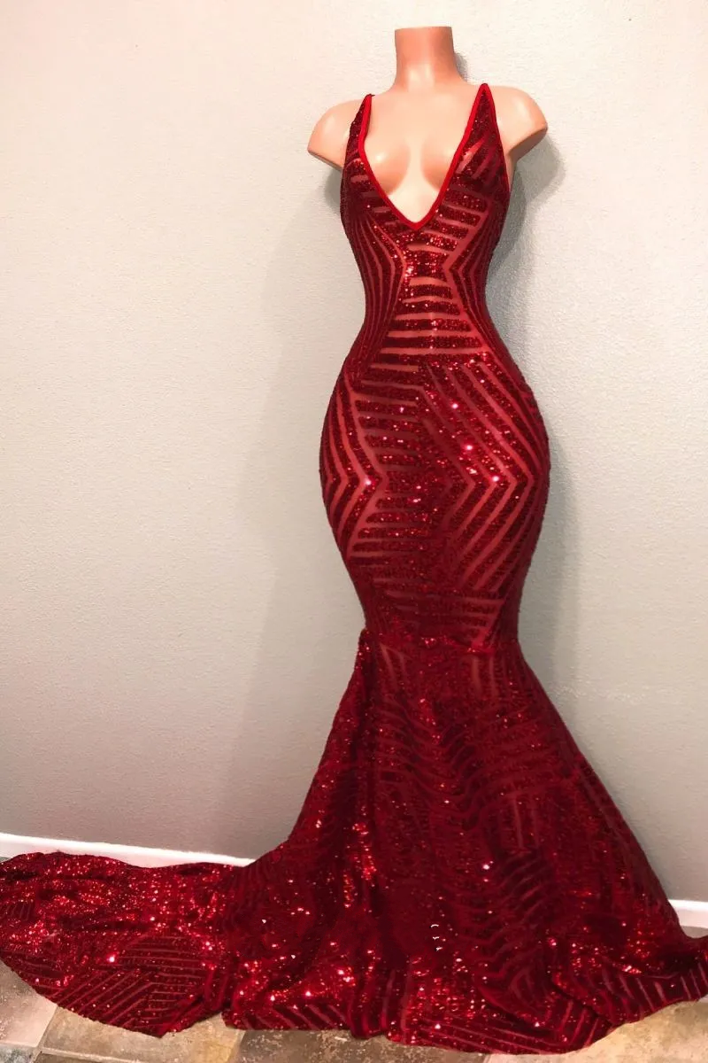 V-neck Burgundy Pattern Sequin Prom Dress 2025 Mermaid