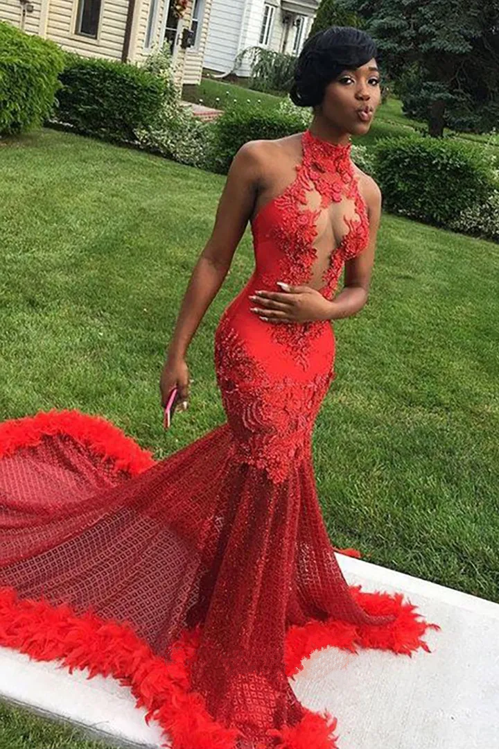 Mermaid Red Lace Appliques Prom Dress 2025 for Black Girl with Feathers