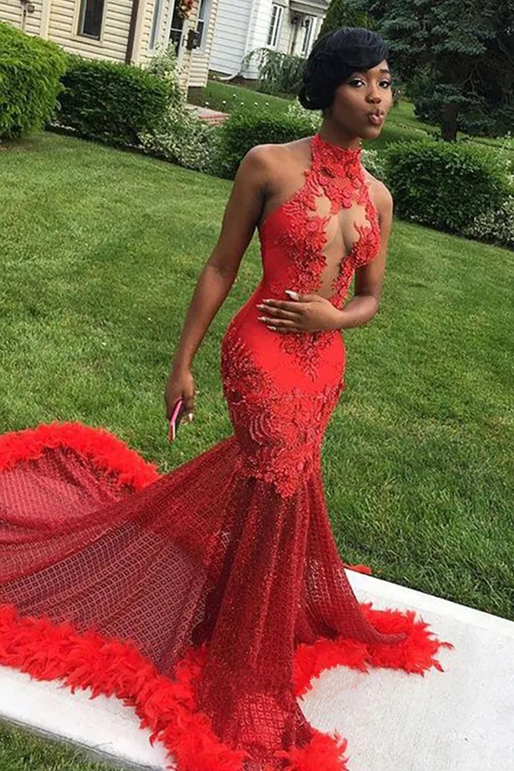 Mermaid Red Lace Appliques Prom Dress 2025 for Black Girl with Feather – DCdress
