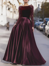 Load image into Gallery viewer, Velvet Sequin Long Sleeves A Line Prom Dress With Satin Skirt
