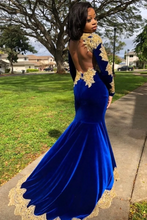 Load image into Gallery viewer, Royal Blue Velvet with Gold Appliques Prom Dress 2025 for Black Girl
