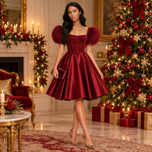 Load image into Gallery viewer, Burgundy Christmas Party Dress Corset Cocktail Dress with Feather Shoulder Elegant Mini Dress for Women
