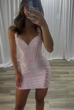 Load image into Gallery viewer, Sparkly Bodycon Homecoming Dress 2026 V-Neck Pink Mini Dress

