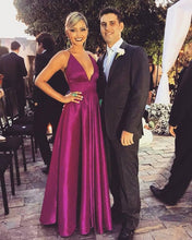 Load image into Gallery viewer, Spaghetti straps hot pinks V Neck prom dress long A Line satin evening dresse
