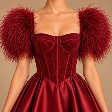 Load image into Gallery viewer, Burgundy Christmas Party Dress Corset Cocktail Dress with Feather Shoulder Elegant Mini Dress for Women
