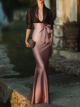 Load image into Gallery viewer, Elegant Draped Satin Mermaid Prom Dress V Neck Evening Gown With Sheer Shawl Overlay
