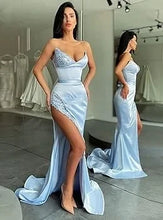 Load image into Gallery viewer, Sheath Sweetheart Sleeveless Sweep Train Ruffles Satin Prom Dresses
