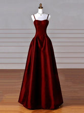 Load image into Gallery viewer, Wine Red Straps A-line Floor Length Simple Satin Prom Dress
