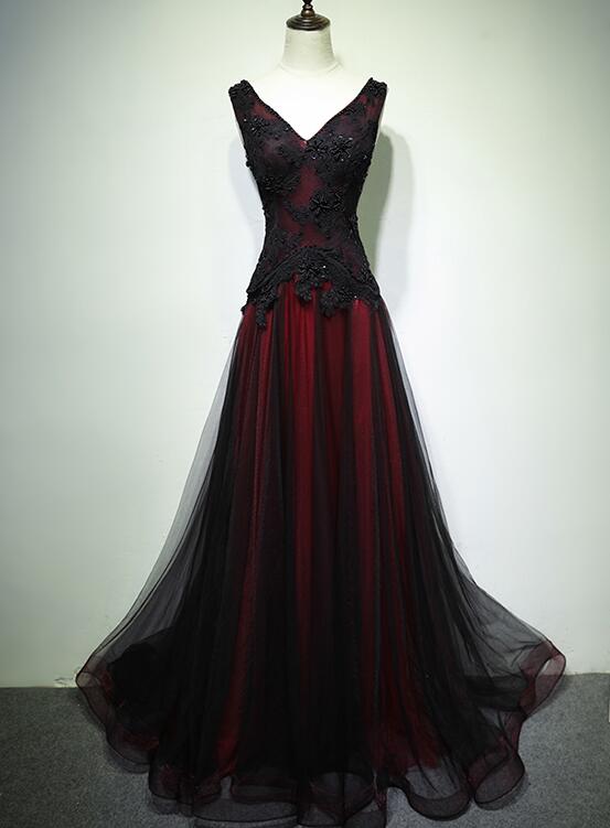Gorgeous Black And Red V-Neck A-Line Tulle Beaded Lace Applique Prom D – DCdress