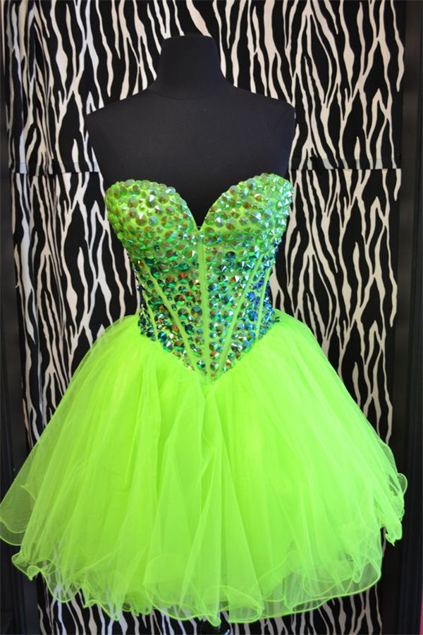 Green Homecoming Dress 2023 Short Strapless Rhinestones Tulle