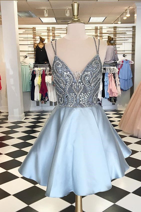 Dusty Blue Homecoming Dress 2023 Short Spaghetti Straps Rhinestones Satin