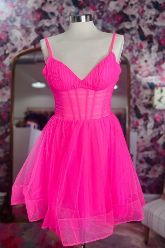 Hot Pink Homecoming Dress 2023 Short Spaghetti Straps Tulle