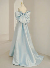 Load image into Gallery viewer, Light Blue Satin Sweetheart A-line Train Simple Long Prom Dresses
