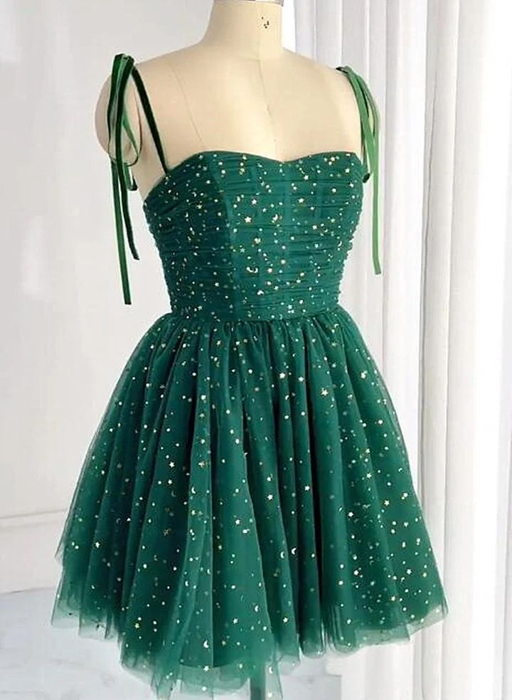 Dark Green Homecoming Dress 2023 Short Spaghetti Straps Tulle Sparkle