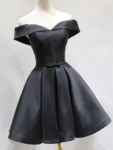 Load image into Gallery viewer, Black Homecoming Dress 2023 Short Off the Shoulder Satin with Pleats
