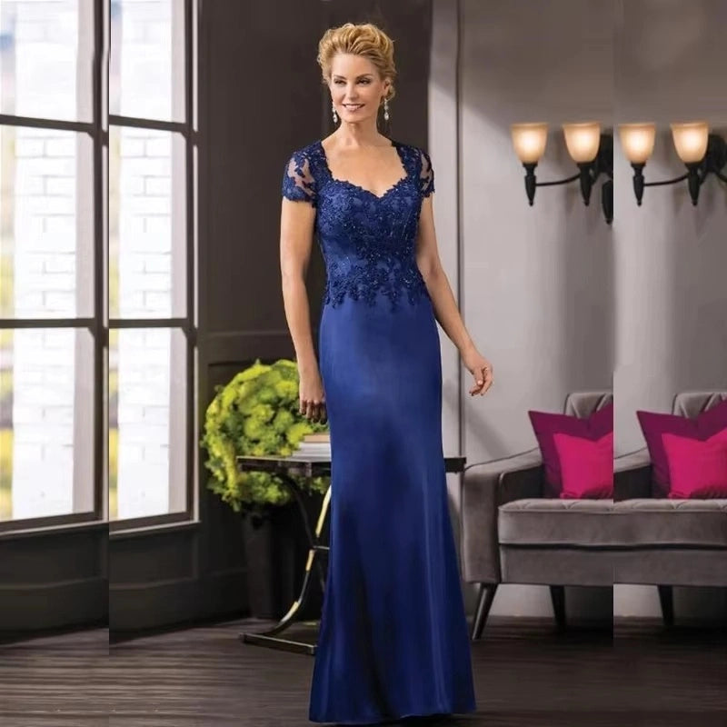 Blue Mother of the Bride Dresses Lace Appliques Wedding Guest Dress Mermaid  Satin Evening Dress Short Sleeve