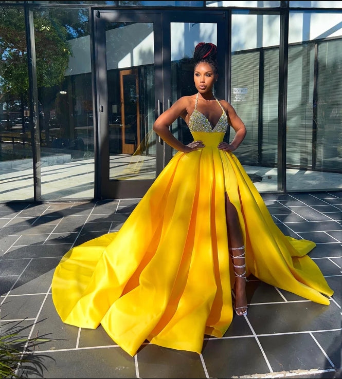 Yellow Black Girl Prom Dress 2024 Halter Neck Satin with Slit – DCdress
