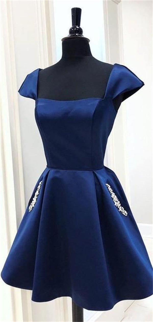 Dark Blue Homecoming Dress 2023 Short Square Neck Cap Sleeves Satin with Pocket