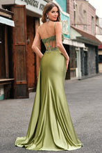Load image into Gallery viewer, Dusty Blue Mermaid  Pleated Corset Satin Long Prom Dress with Side Streamer
