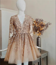 Load image into Gallery viewer, Unique Homecoming Dress 2023 Floral V Neck Long Sleeves Tulle with Appliques
