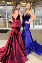 Load image into Gallery viewer, Spaghetti straps V Neck long Mermaid prom dress satin evening party dresses
