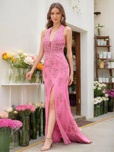 Load image into Gallery viewer, Mermaid Slit Halter Sleeveless Beading Prom Dresses Tulle With Lace Applique
