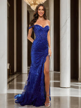 Load image into Gallery viewer, Off-The-Shoulder Slit Long Mermaid Prom Dresses Lace Applique With Sequin
