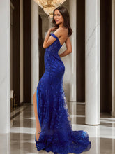 Load image into Gallery viewer, Off-The-Shoulder Slit Long Mermaid Prom Dresses Lace Applique With Sequin
