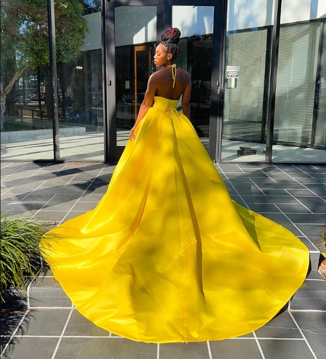 Yellow Black Girl Prom Dress 2024 Halter Neck Satin with Slit – DCdress