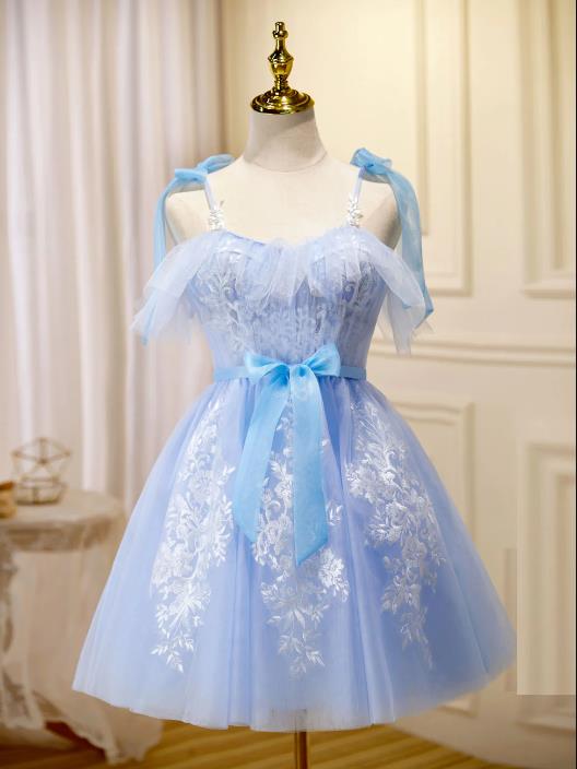 Blue Homecoming Dress 2023 Short Fairy Straps Tulle with Appliques