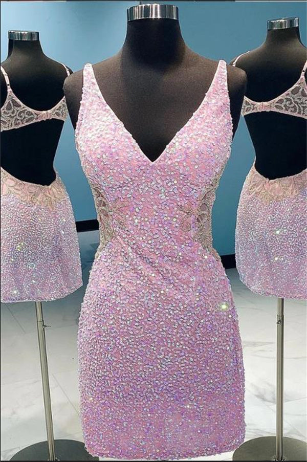 Pink Homecoming Dress 2023 Short V Neck Sleeveless Sequin